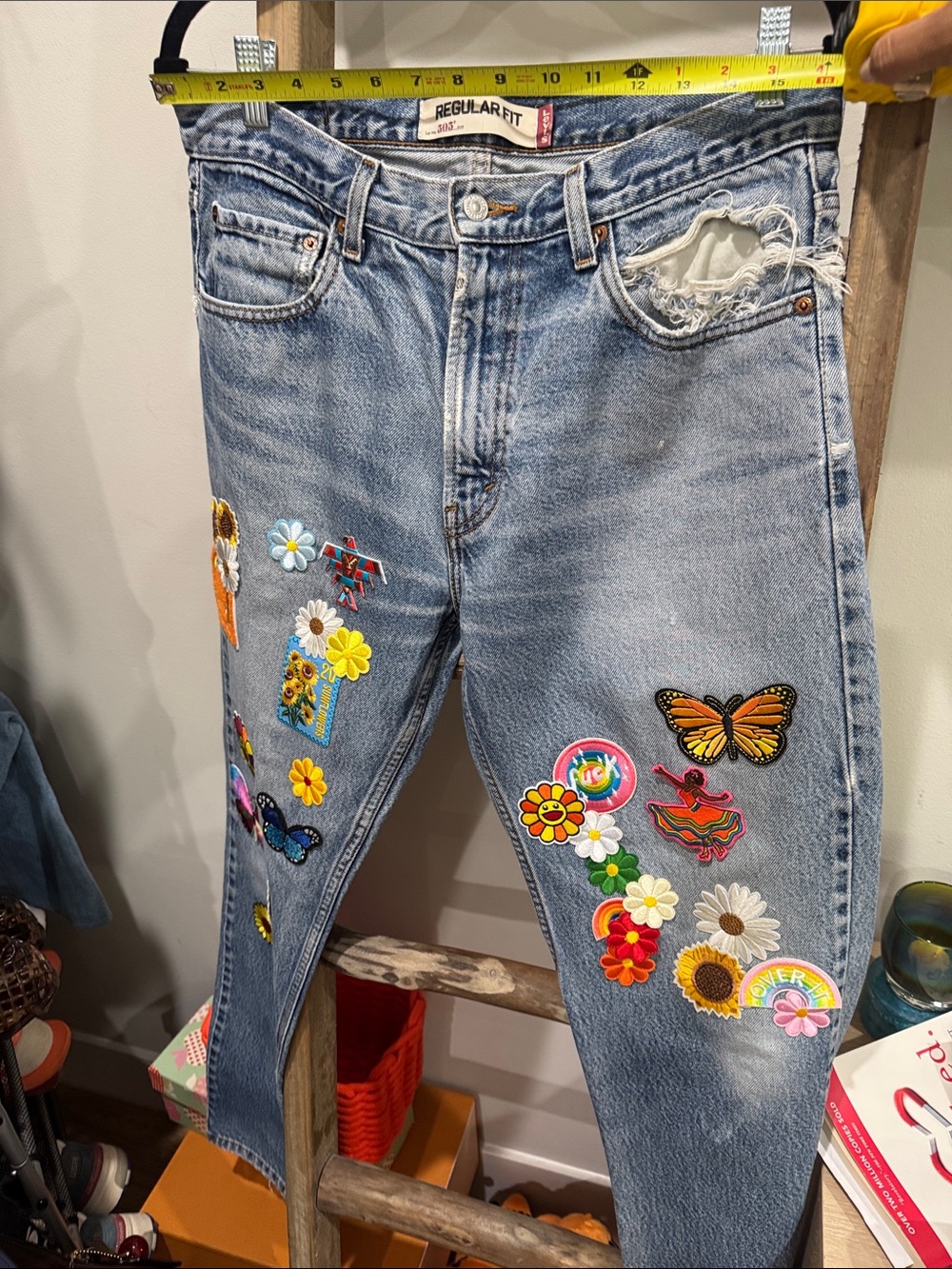 Levi’s  501  patchwork Light Wash Women’s Jeans with Floral & Butterfly Patches